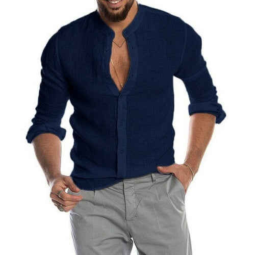 2022 Fashion New Men's Solid Color Linen Long Sleeve Shirt Stand