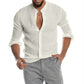 2022 Fashion New Men's Solid Color Linen Long Sleeve Shirt Stand