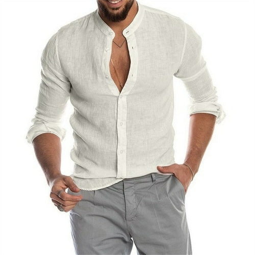 2022 Fashion New Men's Solid Color Linen Long Sleeve Shirt Stand
