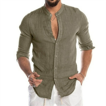 2022 Fashion New Men's Solid Color Linen Long Sleeve Shirt Stand