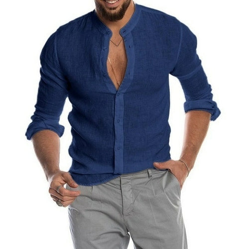 2022 Fashion New Men's Solid Color Linen Long Sleeve Shirt Stand