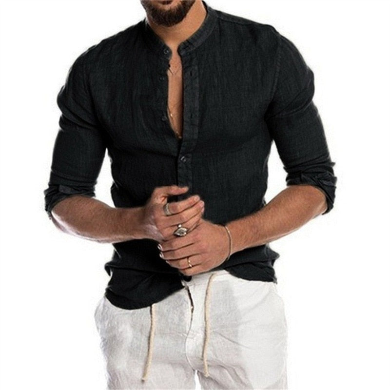 2022 Fashion New Men's Solid Color Linen Long Sleeve Shirt Stand
