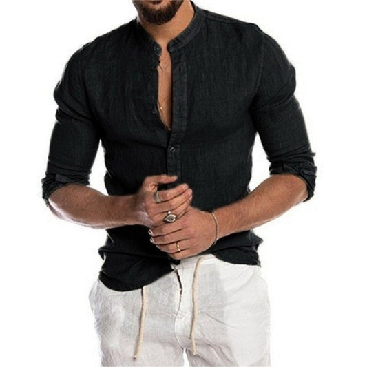 2022 Fashion New Men's Solid Color Linen Long Sleeve Shirt Stand