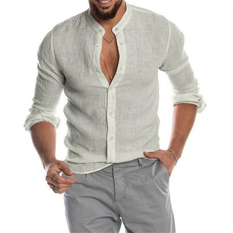 2022 Fashion New Men's Solid Color Linen Long Sleeve Shirt Stand