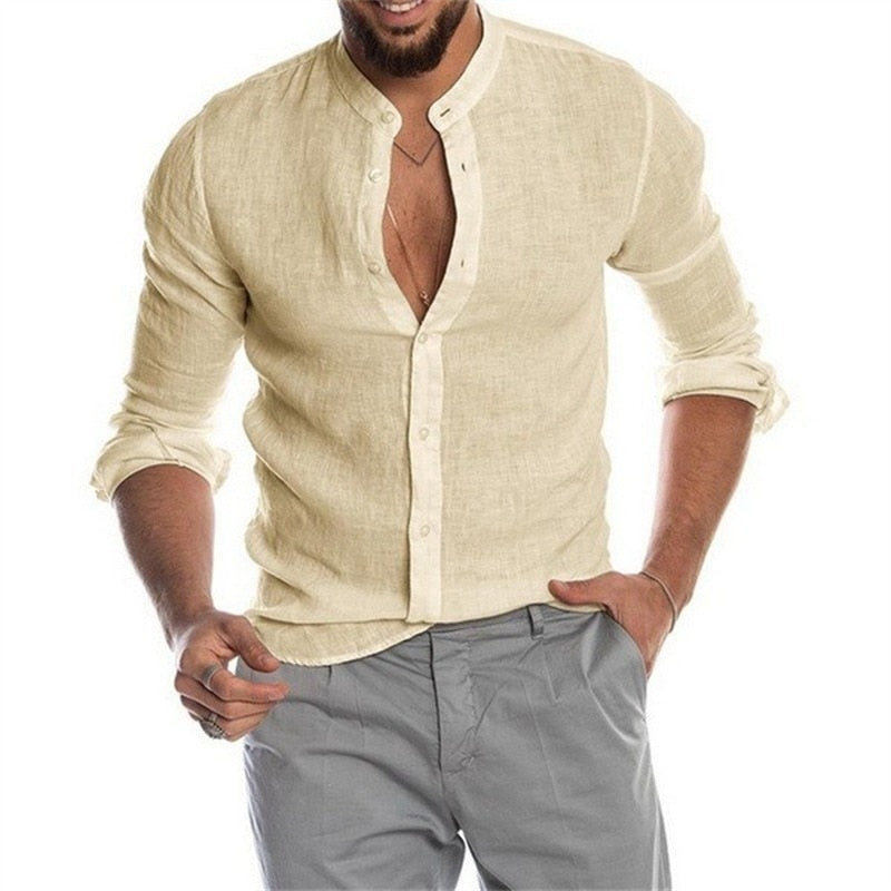 2022 Fashion New Men's Solid Color Linen Long Sleeve Shirt Stand