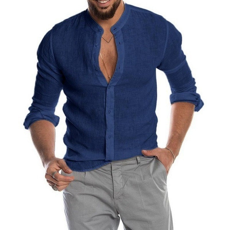 2022 Fashion New Men's Solid Color Linen Long Sleeve Shirt Stand