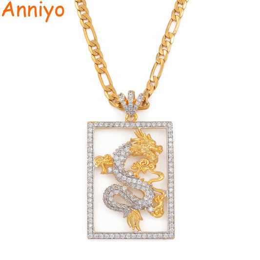 Anniyo Cubic Zirconia Auspicious Dragon Pendant Necklaces for Men