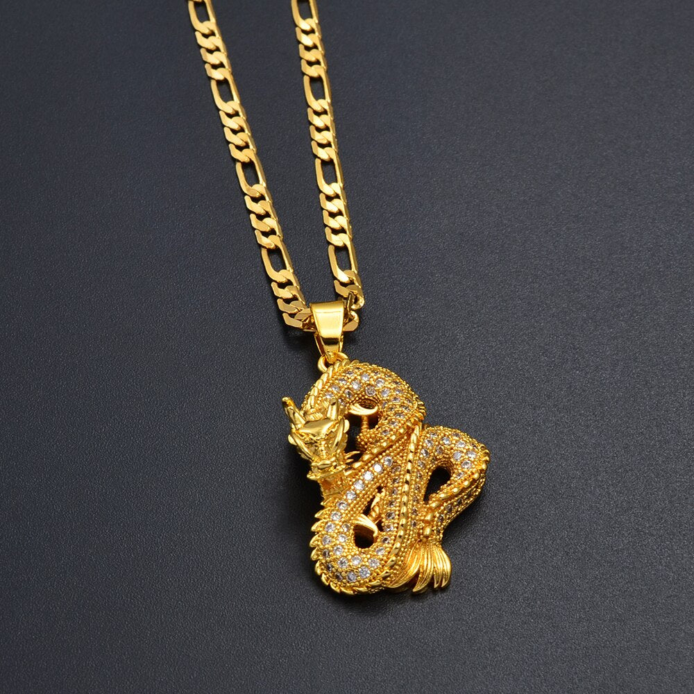 Anniyo Dragon Pendant Necklaces Women Men Gold Color Jewellery Cubic
