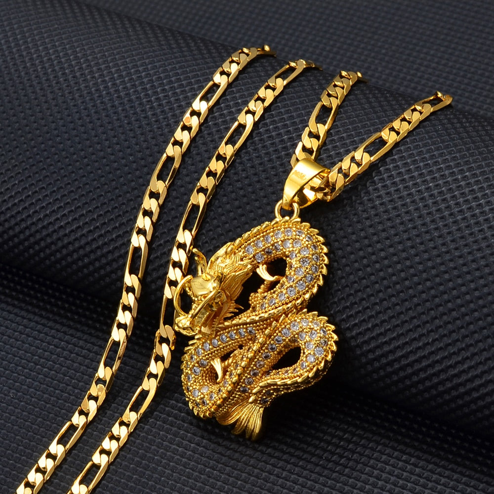 Anniyo Dragon Pendant Necklaces Women Men Gold Color Jewellery Cubic