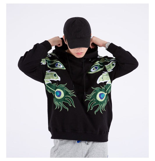 Autumn and Winter Heavy Industry Embroidery Peacock Hoodie Men's