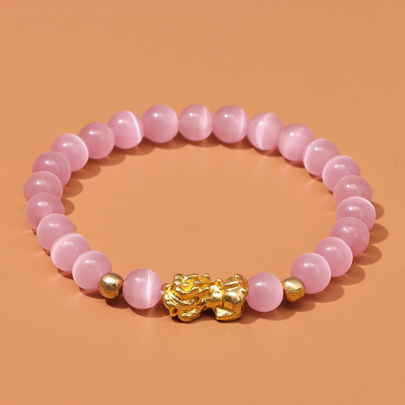 Feng Shui Stone Beads Bracelet Pink Cat Eye Bead Bracelets Pixiu