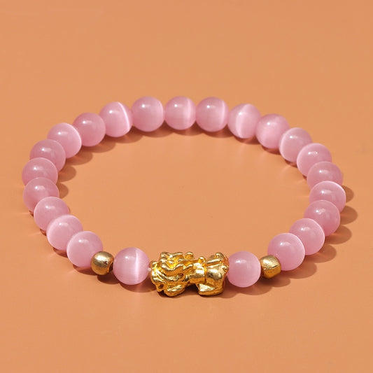 Feng Shui Stone Beads Bracelet Pink Cat Eye Bead Bracelets Pixiu