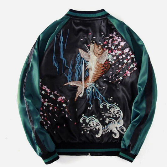 Harajuku Yokosuka Carp Embroidered Jacket Unisex Loose Baseball Coat