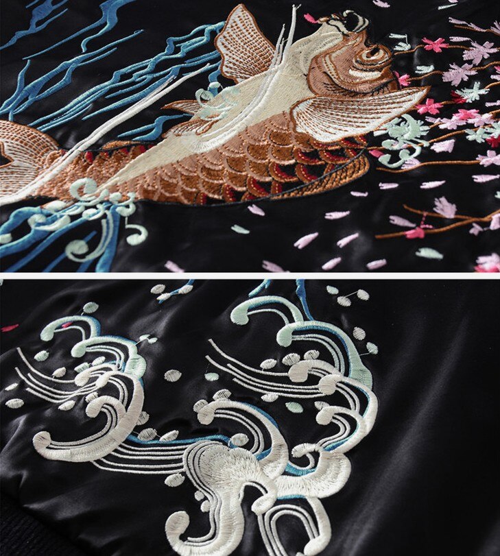Harajuku Yokosuka Carp Embroidered Jacket Unisex Loose Baseball Coat