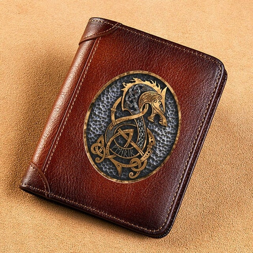 High Quality Genuine Leather Men Wallets Vintage Viking Dragon Symbol