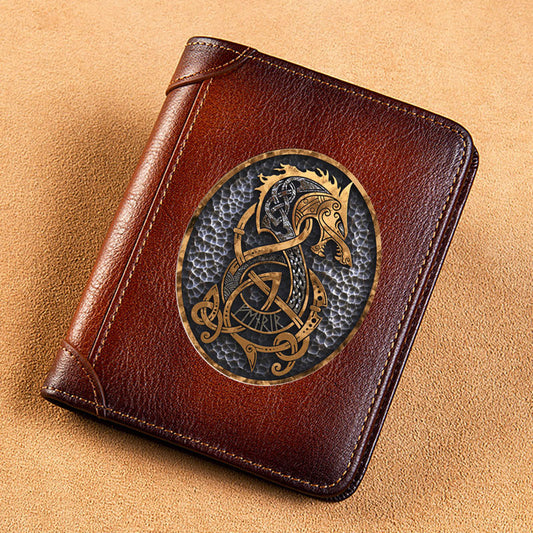 High Quality Genuine Leather Men Wallets Vintage Viking Dragon Symbol