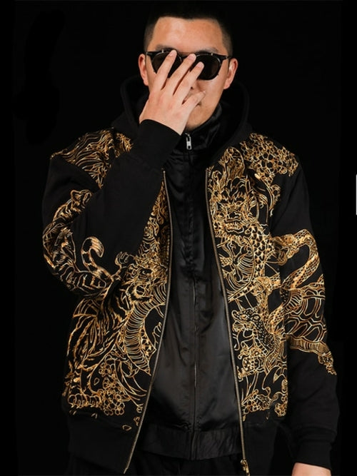 High Street Pink Gold Dragon Embroidery Heavy Work Hooded Cardigan