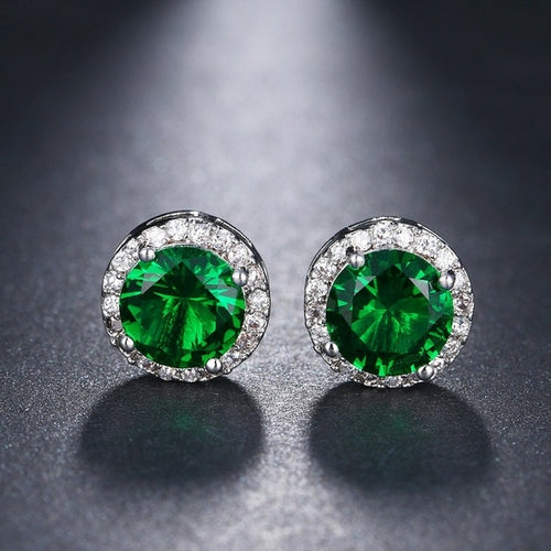 LXOEN Fashion Round Zircon Women Stud Earrings With Green Stone Silver
