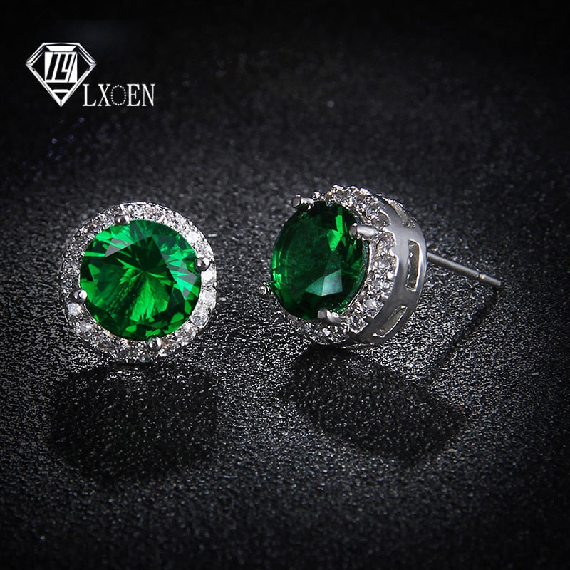 LXOEN Fashion Round Zircon Women Stud Earrings With Green Stone Silver
