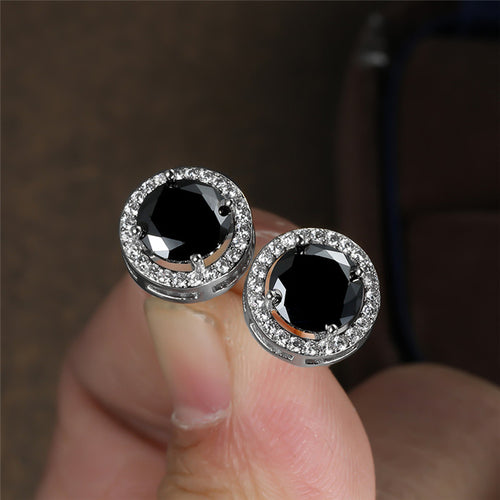 Luxury Cute Round Black Stone Stud Earrings Vintage Fashion