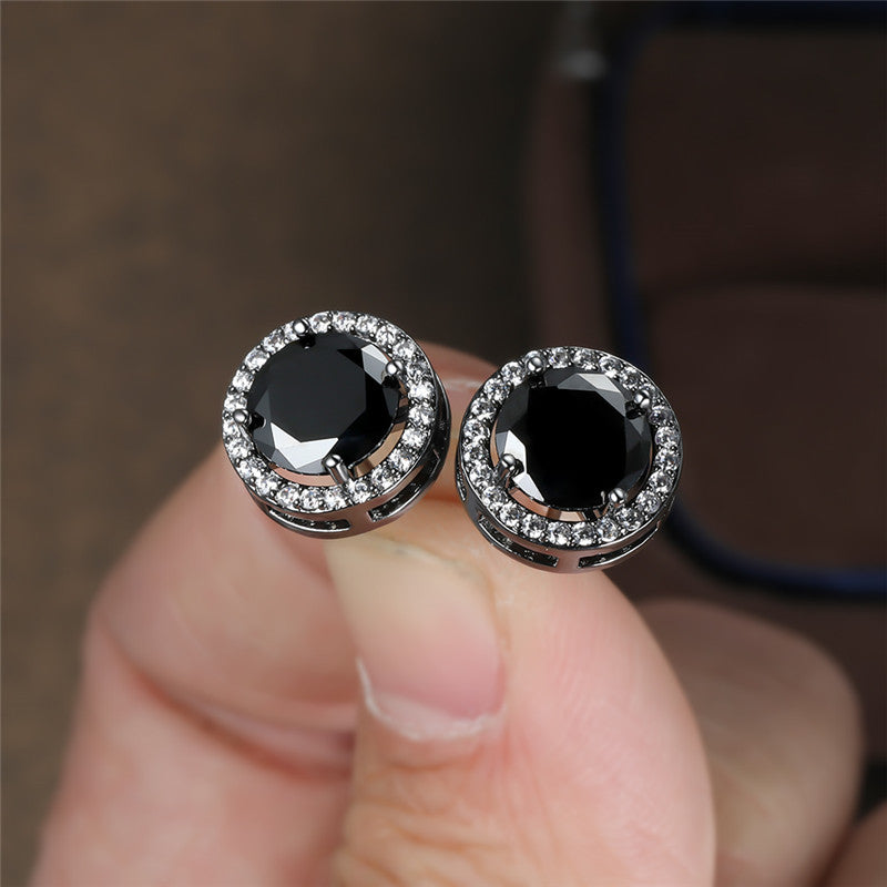 Luxury Cute Round Black Stone Stud Earrings Vintage Fashion