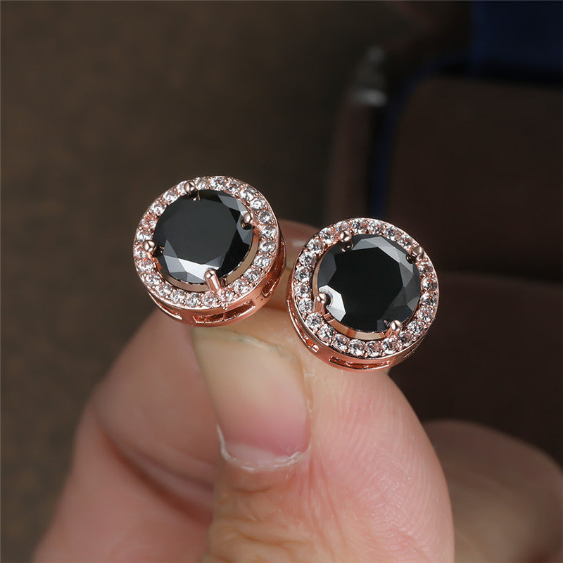 Luxury Cute Round Black Stone Stud Earrings Vintage Fashion