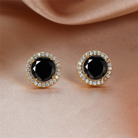 Luxury Cute Round Black Stone Stud Earrings Vintage Fashion
