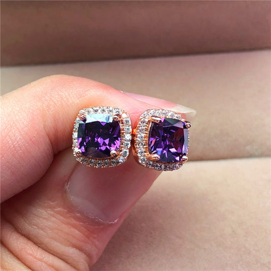 Luxury Female Crystal Purple Stone Earrings Fashion Rose Gold Zircon