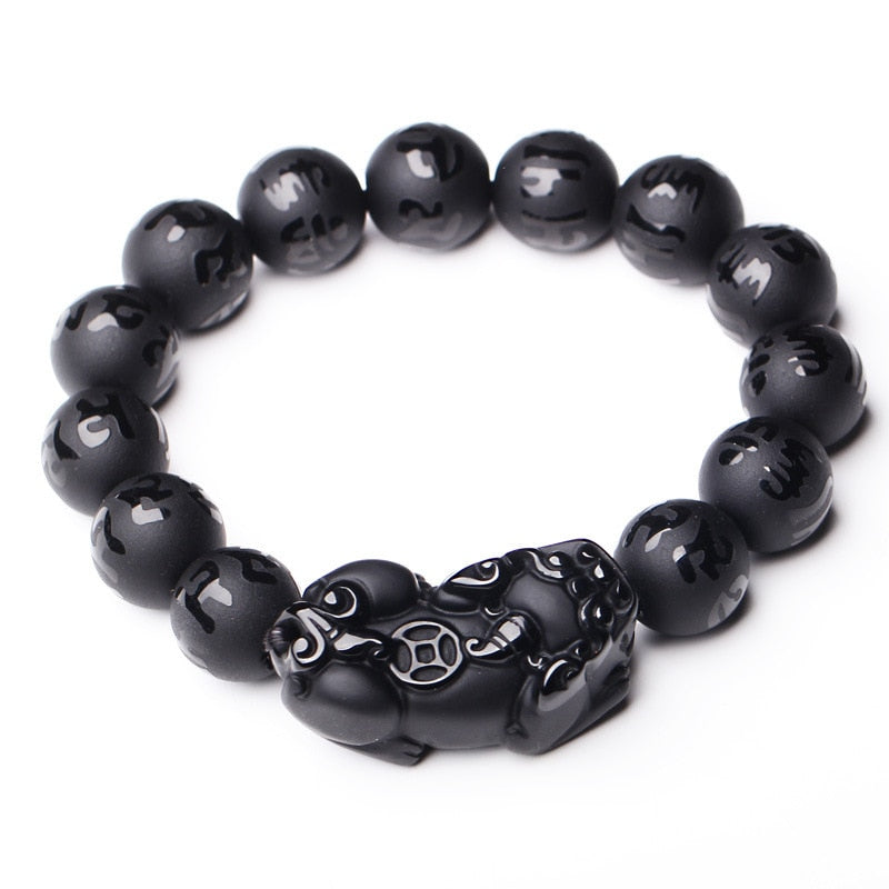 Natural Black Obsidian Matte PiXiu Beaded Charm Bracelet Brave Troops