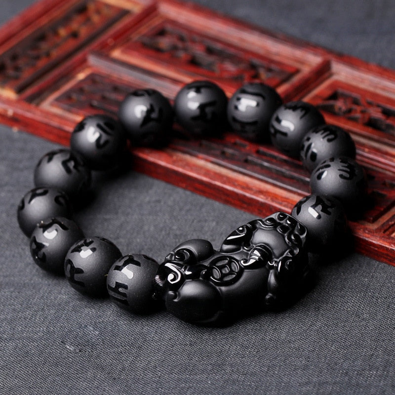 Natural Black Obsidian Matte PiXiu Beaded Charm Bracelet Brave Troops