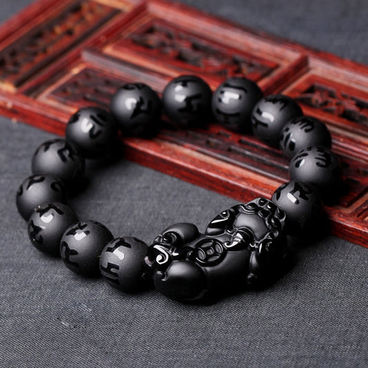 Natural Black Obsidian Matte PiXiu Beaded Charm Bracelet Brave Troops