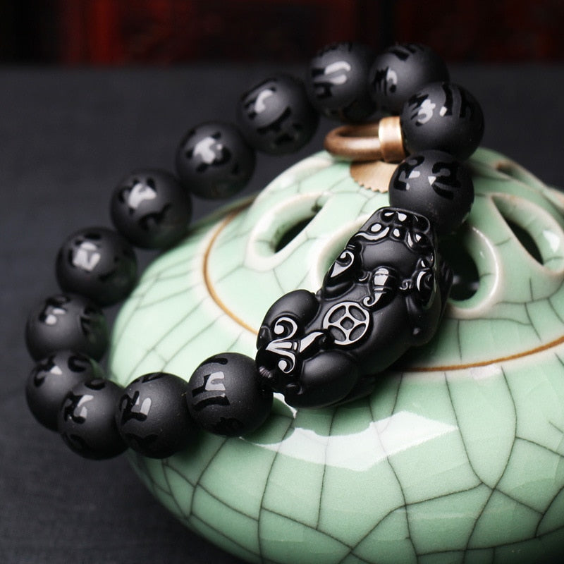 Natural Black Obsidian Matte PiXiu Beaded Charm Bracelet Brave Troops