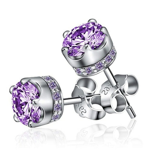 Mouse Shape Stud Earrings - 925 Sterling Silver With Purple Zircon For Women