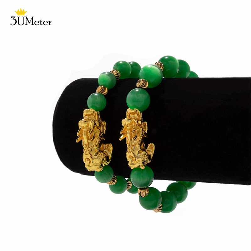 New Pixiu Bracelet Green Natural Cat Eye Bead Bracelet Feng Shui Gold