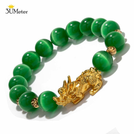 New Pixiu Bracelet Green Natural Cat Eye Bead Bracelet Feng Shui Gold