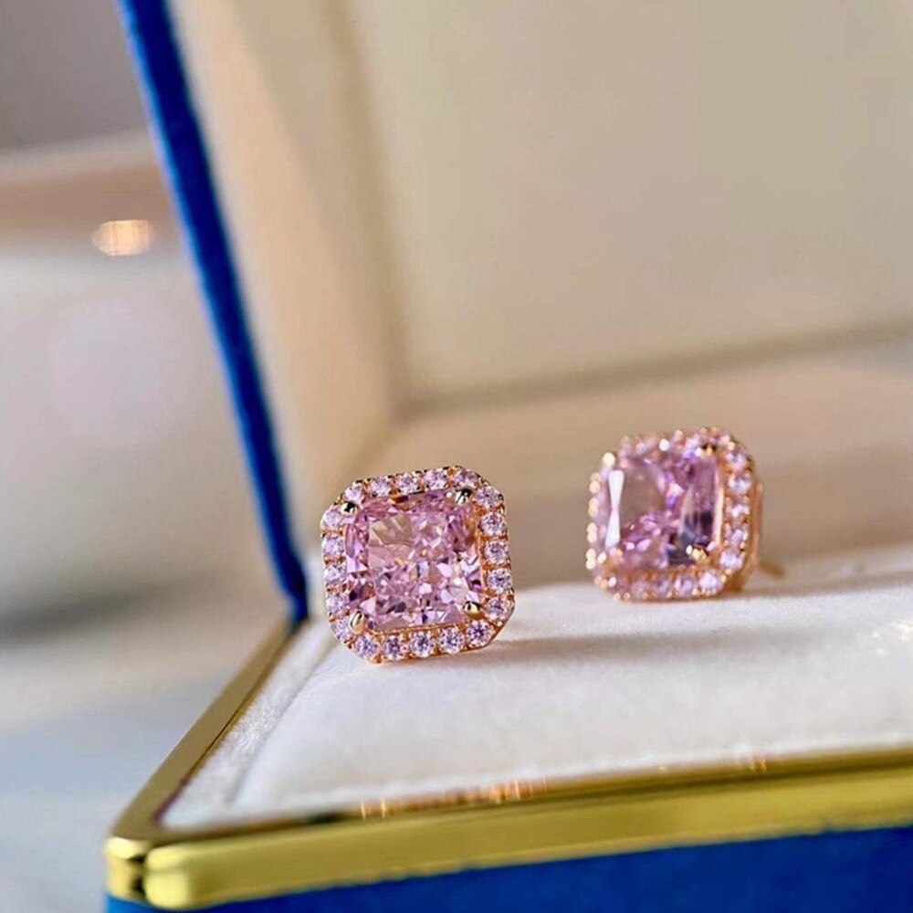 Princess Cut Pink Rose Stone Stud Earrings