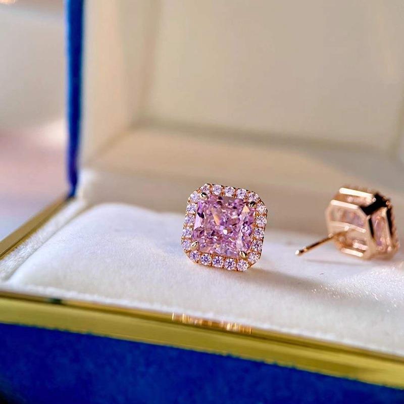 Princess Cut Pink Rose Stone Stud Earrings