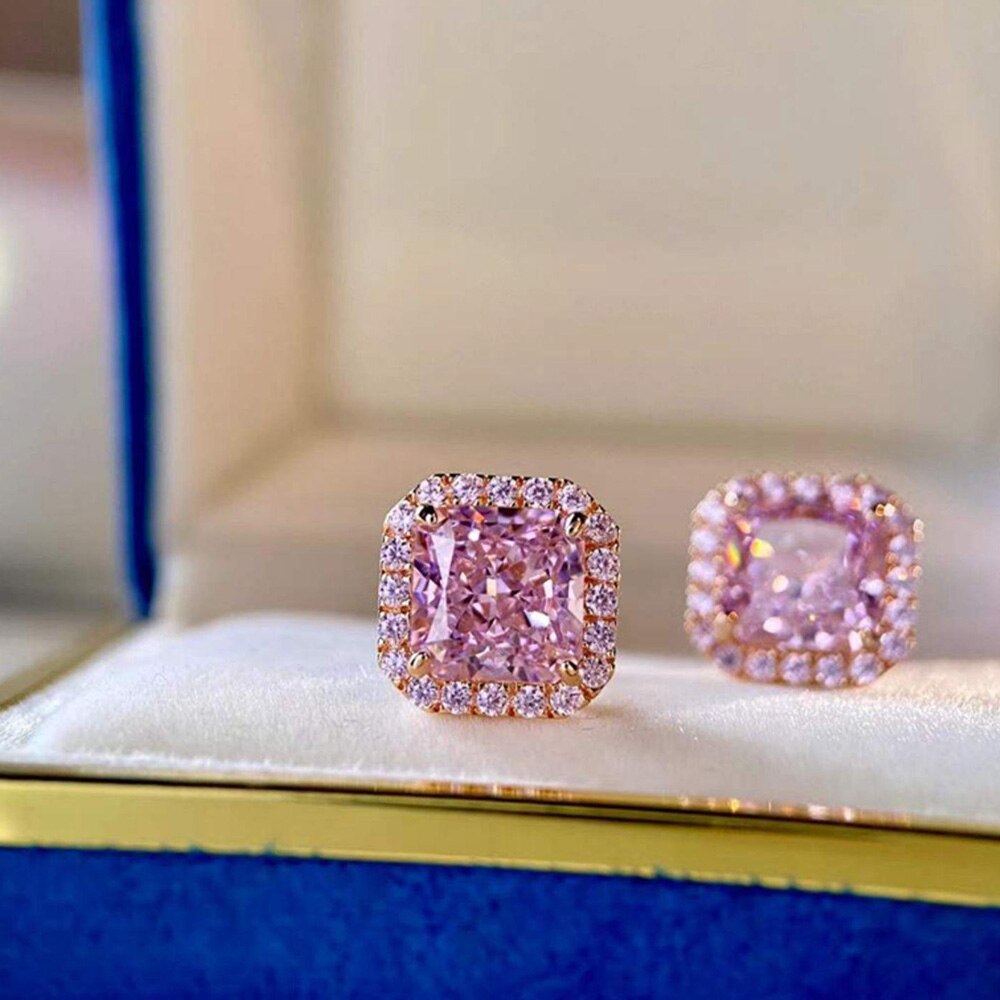 Princess Cut Pink Rose Stone Stud Earrings