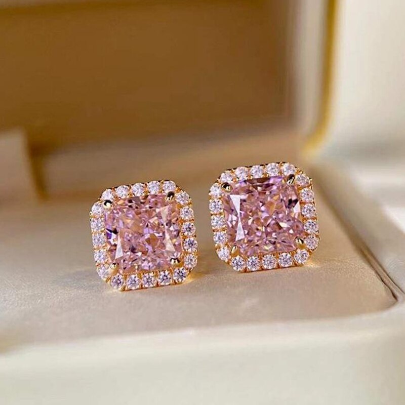 Princess Cut Pink Rose Stone Stud Earrings