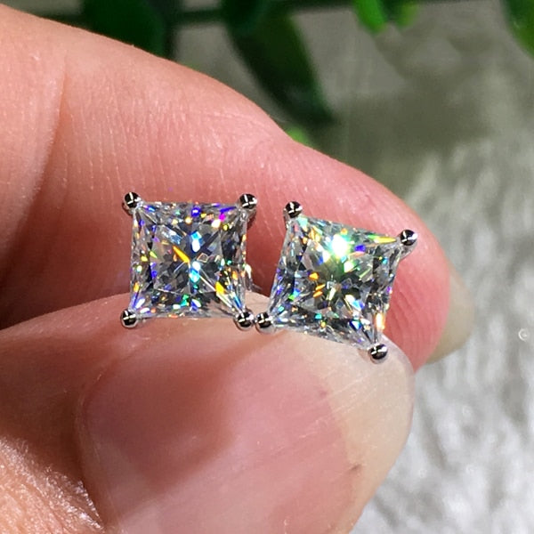 Princess Cut White Zircon Square Stud Earrings Luxury Crystal Stone