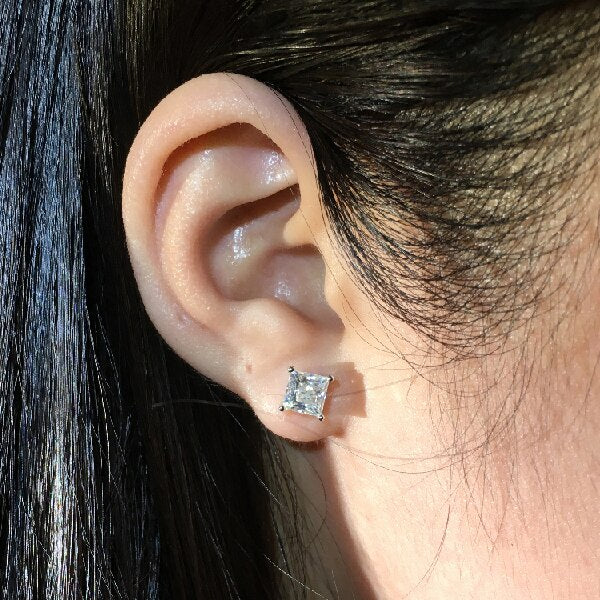 Princess Cut White Zircon Square Stud Earrings Luxury Crystal Stone