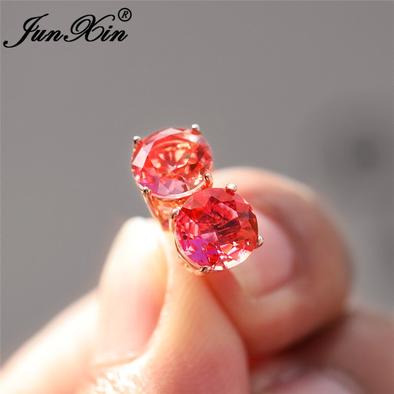 Rainbow Fire Crystal Stone Round Earrings Rose Gold Mystic Red Blue