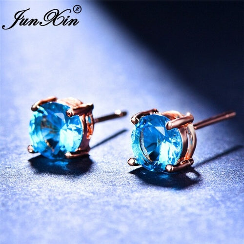 Rainbow Fire Crystal Stone Round Earrings Rose Gold Mystic Red Blue