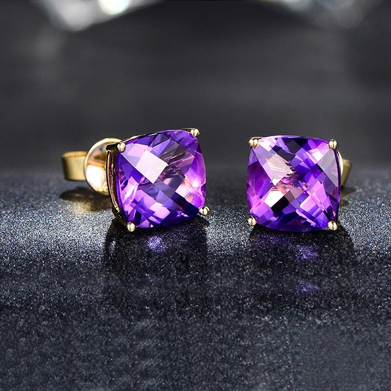 Romantic Gold Plated Purple Crystal Stud Earrings AAA Cubic Zirconia