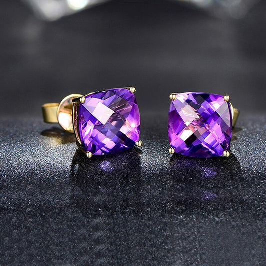 Romantic Gold Plated Purple Crystal Stud Earrings AAA Cubic Zirconia