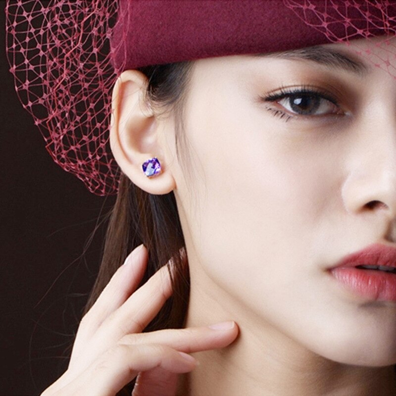 Romantic Gold Plated Purple Crystal Stud Earrings AAA Cubic Zirconia
