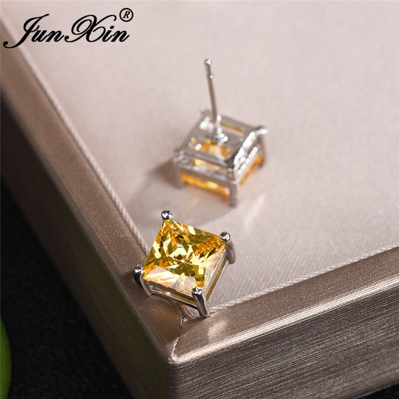 Vintage Yellow Crystal Princess Square Stud Earrings Geometric Zircon