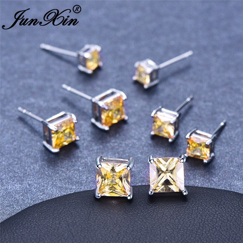 Vintage Yellow Crystal Princess Square Stud Earrings Geometric Zircon