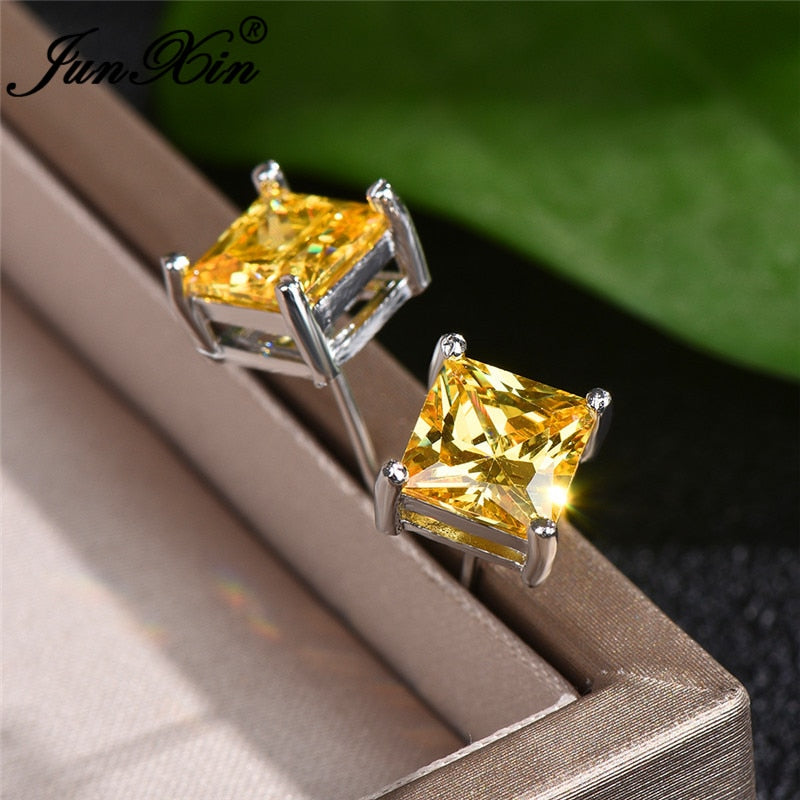 Vintage Yellow Crystal Princess Square Stud Earrings Geometric Zircon