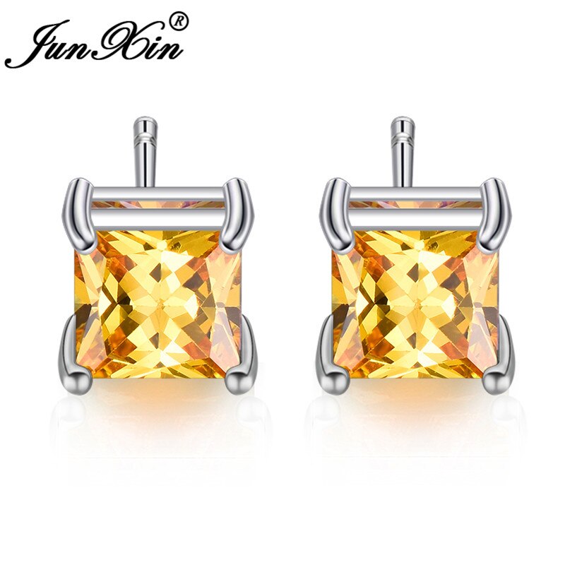 Vintage Yellow Crystal Princess Square Stud Earrings Geometric Zircon